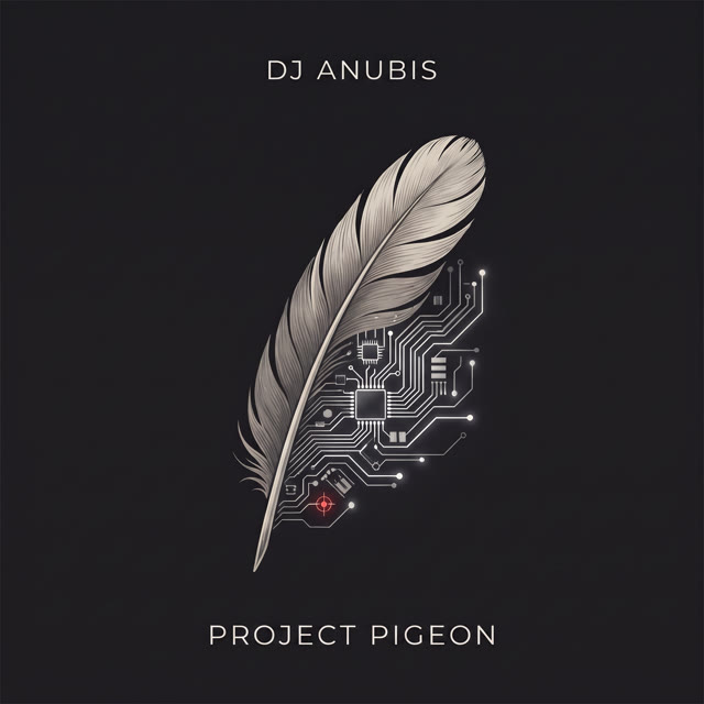 Cover: Project Pigeon – DJ Anubis, a feather turning into a circuit board with a red target